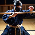 **A Kendo practitioner in full Bogu (protective gear) performing a Somen strike (head strike) during a Shiai (match). Focus on the intensity and focus in their eyes. Dramatic lighting in a traditional Dojyo.**