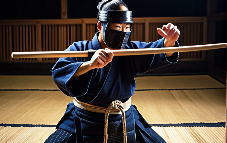 **A Kendo practitioner in full Bogu (protective gear) performing a Somen strike (head strike) during a Shiai (match). Focus on the intensity and focus in their eyes. Dramatic lighting in a traditional Dojyo.**
