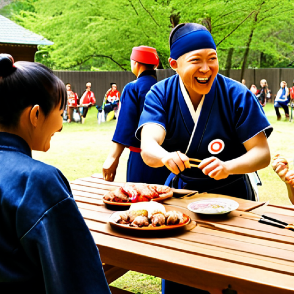 **

A group of diverse people of different ages smiling and laughing together around a picnic table in a park during a "May Day" (May holidays) BBQ. Some are wearing casual clothes, others are wearing parts of their Kendo gear. In the background, some people are playfully competing in a "shuriken" throwing contest at a target (ensure safety is visually suggested – soft targets, clear boundaries). The atmosphere is relaxed, friendly, and shows camaraderie. Focus on warm lighting and genuine smiles. "May Day Shish Kebab Kendo Family" should be written in Russian.

**