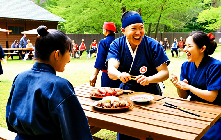 **

A group of diverse people of different ages smiling and laughing together around a picnic table in a park during a "May Day" (May holidays) BBQ. Some are wearing casual clothes, others are wearing parts of their Kendo gear. In the background, some people are playfully competing in a "shuriken" throwing contest at a target (ensure safety is visually suggested – soft targets, clear boundaries). The atmosphere is relaxed, friendly, and shows camaraderie. Focus on warm lighting and genuine smiles. "May Day Shish Kebab Kendo Family" should be written in Russian.

**