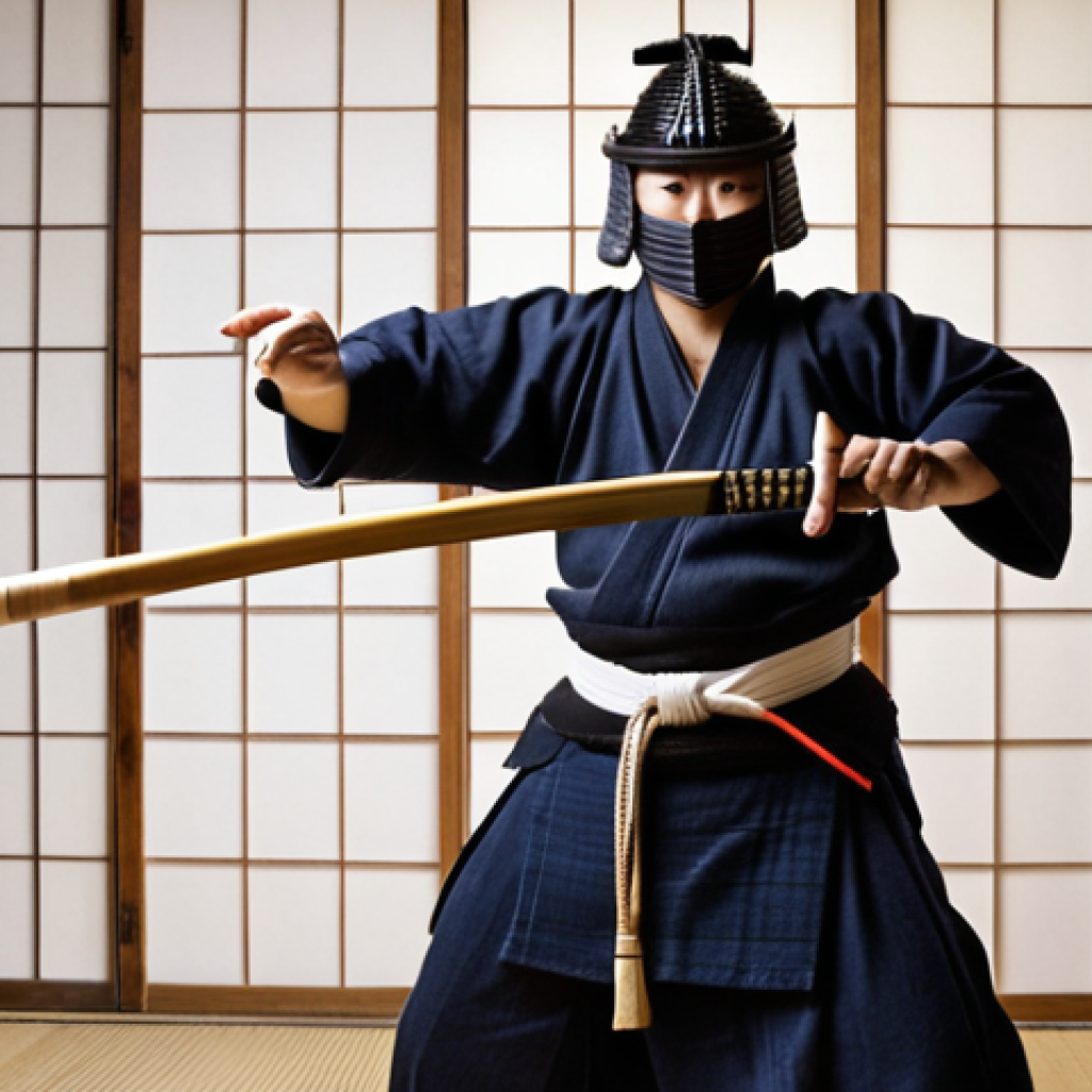 A kendo practitioner in full Bogu (armor), wielding a Shinai (bamboo sword) during a training session in a traditional dojo. The atmosphere should convey discipline and focus, with subtle lighting highlighting the details of the armor and the determination in the kendoist's eyes.