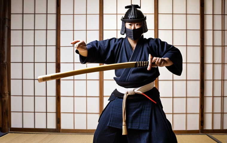 A kendo practitioner in full Bogu (armor), wielding a Shinai (bamboo sword) during a training session in a traditional dojo. The atmosphere should convey discipline and focus, with subtle lighting highlighting the details of the armor and the determination in the kendoist's eyes.