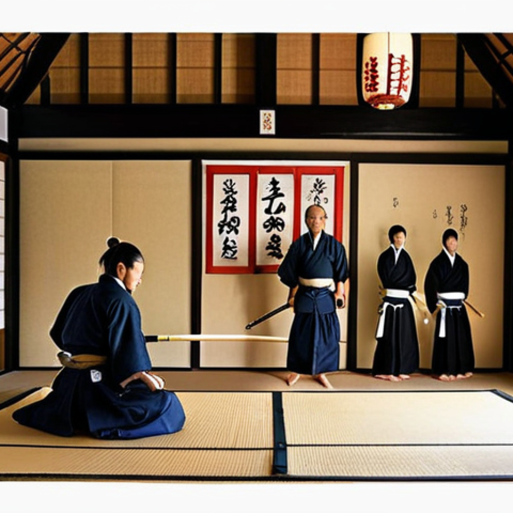 **A dedicated kendo practice space in a home, well-lit with motivational posters of famous kendo masters, traditional Japanese decor elements like a calligraphy scroll, and organized storage for bokken and shinai.**