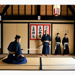 **A dedicated kendo practice space in a home, well-lit with motivational posters of famous kendo masters, traditional Japanese decor elements like a calligraphy scroll, and organized storage for bokken and shinai.**