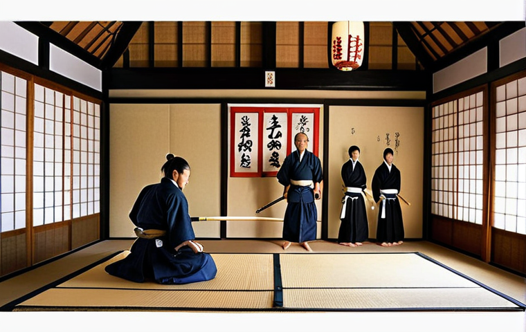 **A dedicated kendo practice space in a home, well-lit with motivational posters of famous kendo masters, traditional Japanese decor elements like a calligraphy scroll, and organized storage for bokken and shinai.**