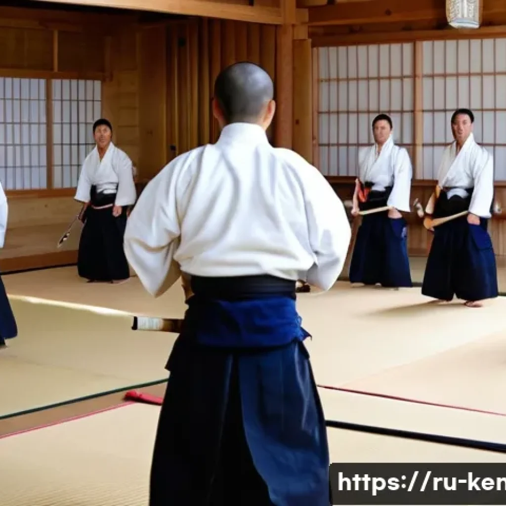 검도 경기 경험 공유 - **Prompt:** A dynamic, wide-angle shot of a Kendo dojo during a training session. In the foreground,...