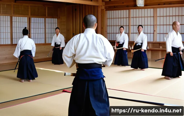 검도 경기 경험 공유 - **Prompt:** A dynamic, wide-angle shot of a Kendo dojo during a training session. In the foreground,...