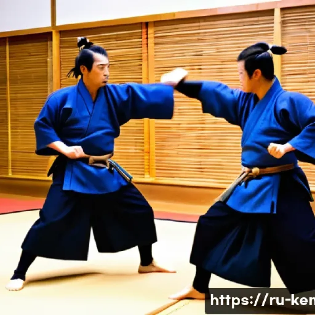 검도 Q A - A detailed and dynamic scene of two adult kendo practitioners in full protective gear—men (helmet), ...