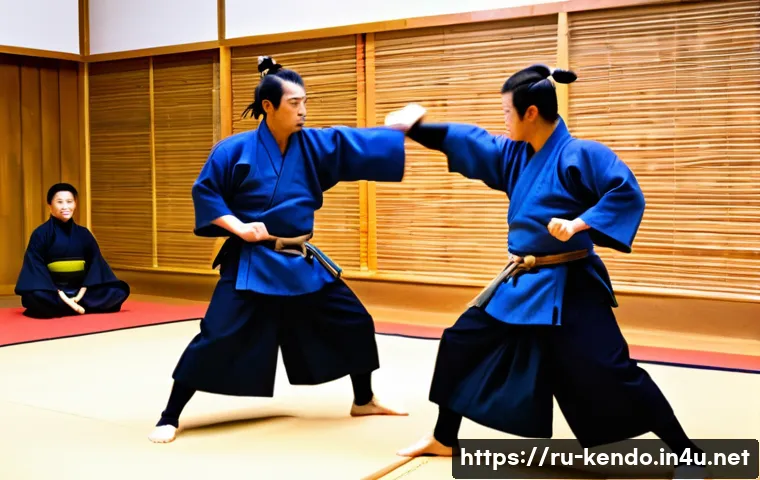 검도 Q A - A detailed and dynamic scene of two adult kendo practitioners in full protective gear—men (helmet), ...