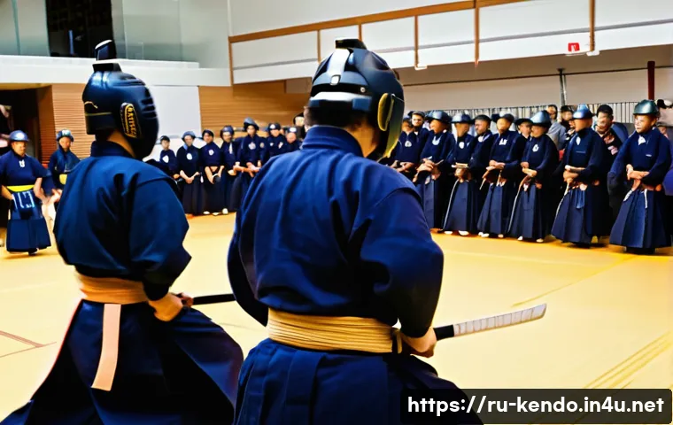 검도 행사 및 이벤트 - A dynamic scene of a traditional kendo tournament inside a large gymnasium filled with diverse parti...