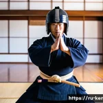 검도 훈련 스케줄 짜기 - A focused male kendo practitioner in traditional armor (bogu) practicing kata in a bright dojo durin...