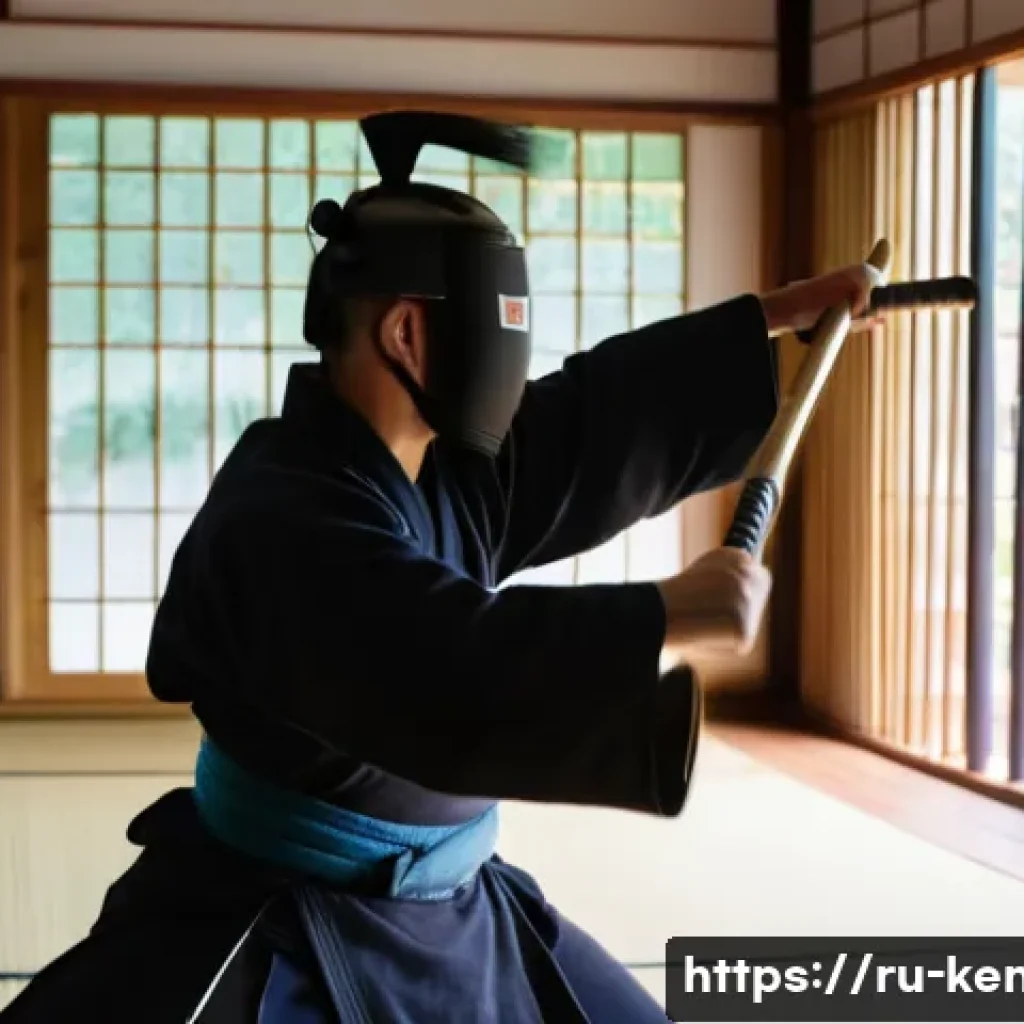 검도 코칭 방법 - A focused kendo practitioner in traditional protective armor (bogu) practicing precise strikes with ...
