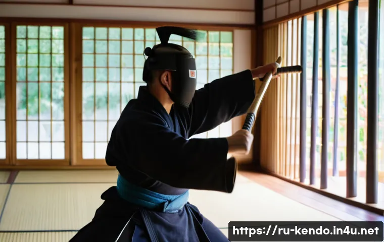 검도 코칭 방법 - A focused kendo practitioner in traditional protective armor (bogu) practicing precise strikes with ...