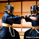 검도 방어 기술 - A detailed, dynamic kendo duel scene between two male practitioners wearing full traditional kendo b...