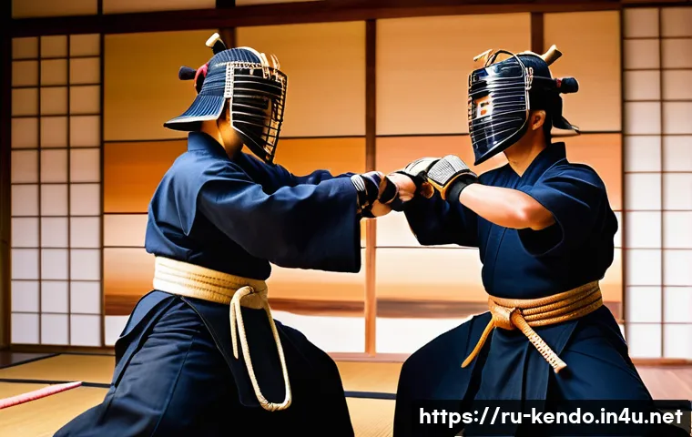 검도 방어 기술 - A detailed, dynamic kendo duel scene between two male practitioners wearing full traditional kendo b...