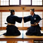 검도 관련 자격증 - A detailed scene of a kendo certification exam in progress inside a traditional Japanese dojo. Two a...