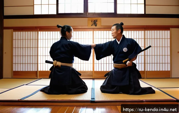 검도 관련 자격증 - A detailed scene of a kendo certification exam in progress inside a traditional Japanese dojo. Two a...