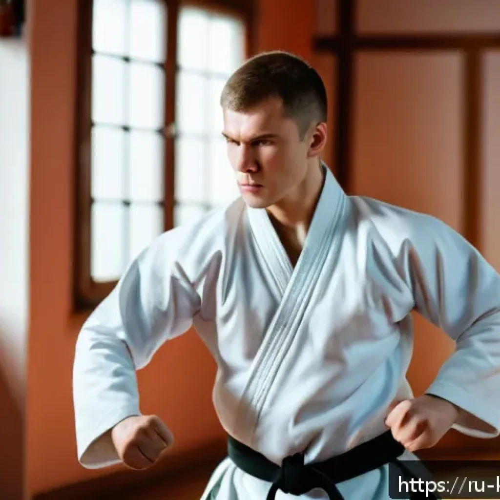 검도와 자기관리 - A focused young Russian man practicing martial arts indoors, wearing traditional training clothes, d...