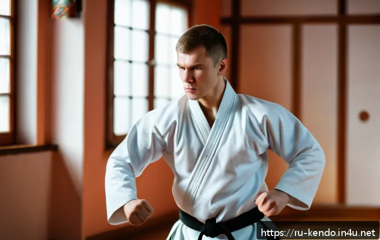 검도와 자기관리 - A focused young Russian man practicing martial arts indoors, wearing traditional training clothes, d...