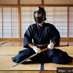 Home 20 검도의 장단점 - A focused kendo practitioner in full traditional protective gear, including men (helmet), do (chest ...
