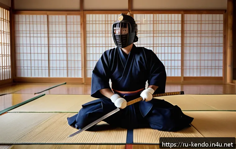 검도의 장단점 - A focused kendo practitioner in full traditional protective gear, including men (helmet), do (chest ...