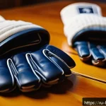 Home 18 검도 장갑 종류와 선택법 - A close-up image of a pair of kendo gloves displayed on a wooden surface, showcasing the contrast be...