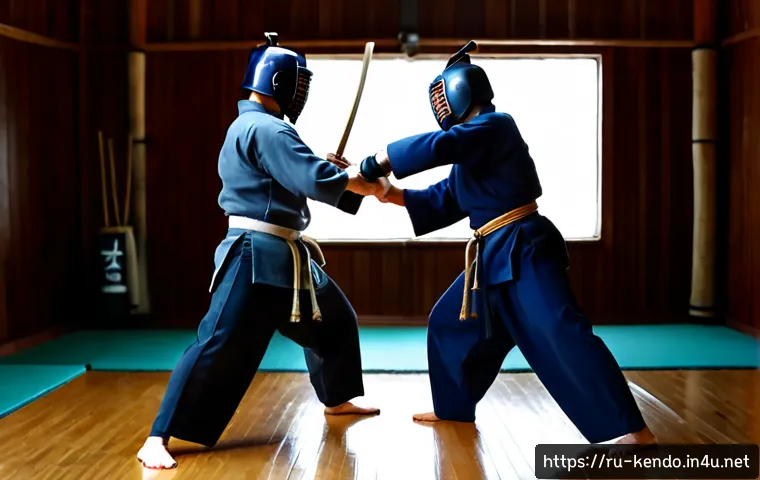 Home 17 검도 겨루기 연습법 - Photorealistic kendo sparring practice in a bright Russian martial arts dojo, two adult athletes in ...