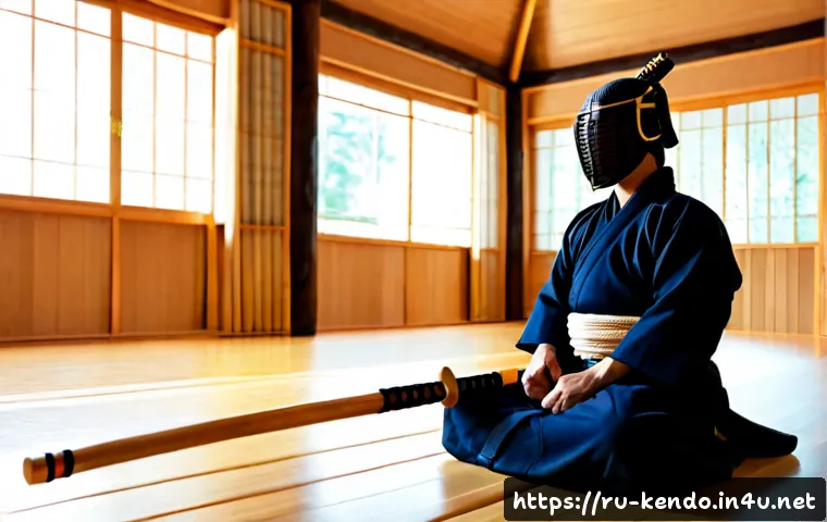 Home 17 검도와 심리 훈련 - Photorealistic Russian kendo practitioner in full protective armor, seated in seiza on a polished wo...