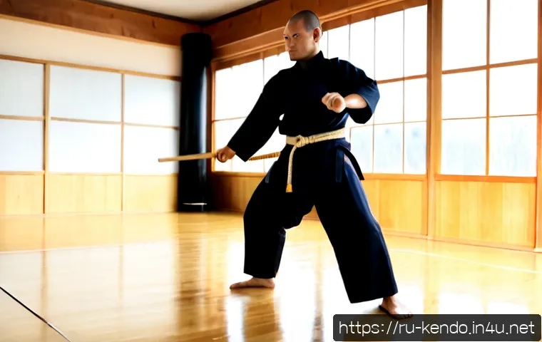 Home 17 검도 초보 실수 - Photorealistic Russian kendo dojo, adult beginner in full bogu armor holding a shinai with an overly...