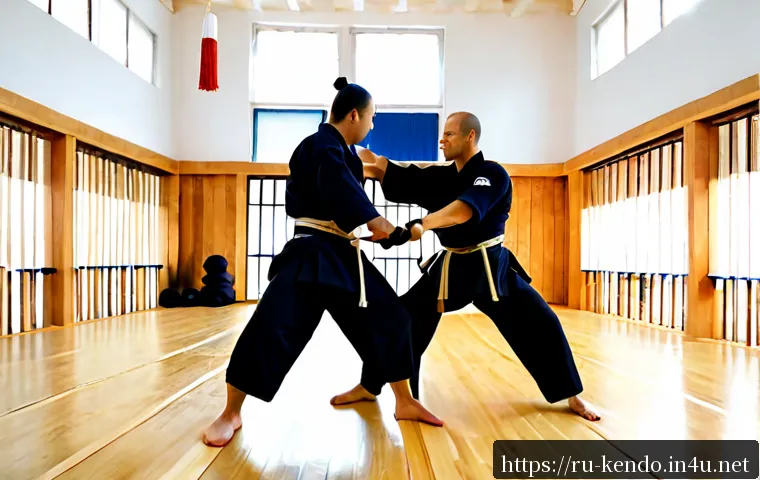 Home 17 검도 유명 도장 추천 - Photorealistic interior of a respected traditional Russian kendo dojo in Moscow, bright polished woo...